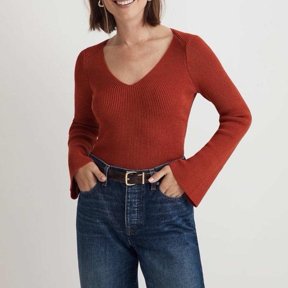 Madewell Flared Arm V Neck Sweater Orange Rust Size XXS Etruscan Clay Ribbed Kni